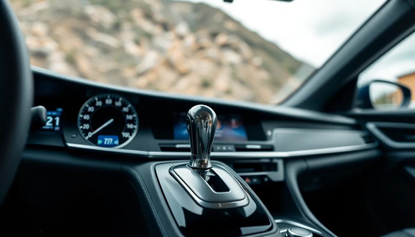car interior highlighting the gear shift in first gear.