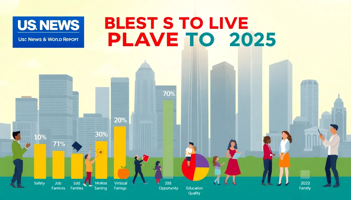 infographic of US best places to live rankings with city skyline.