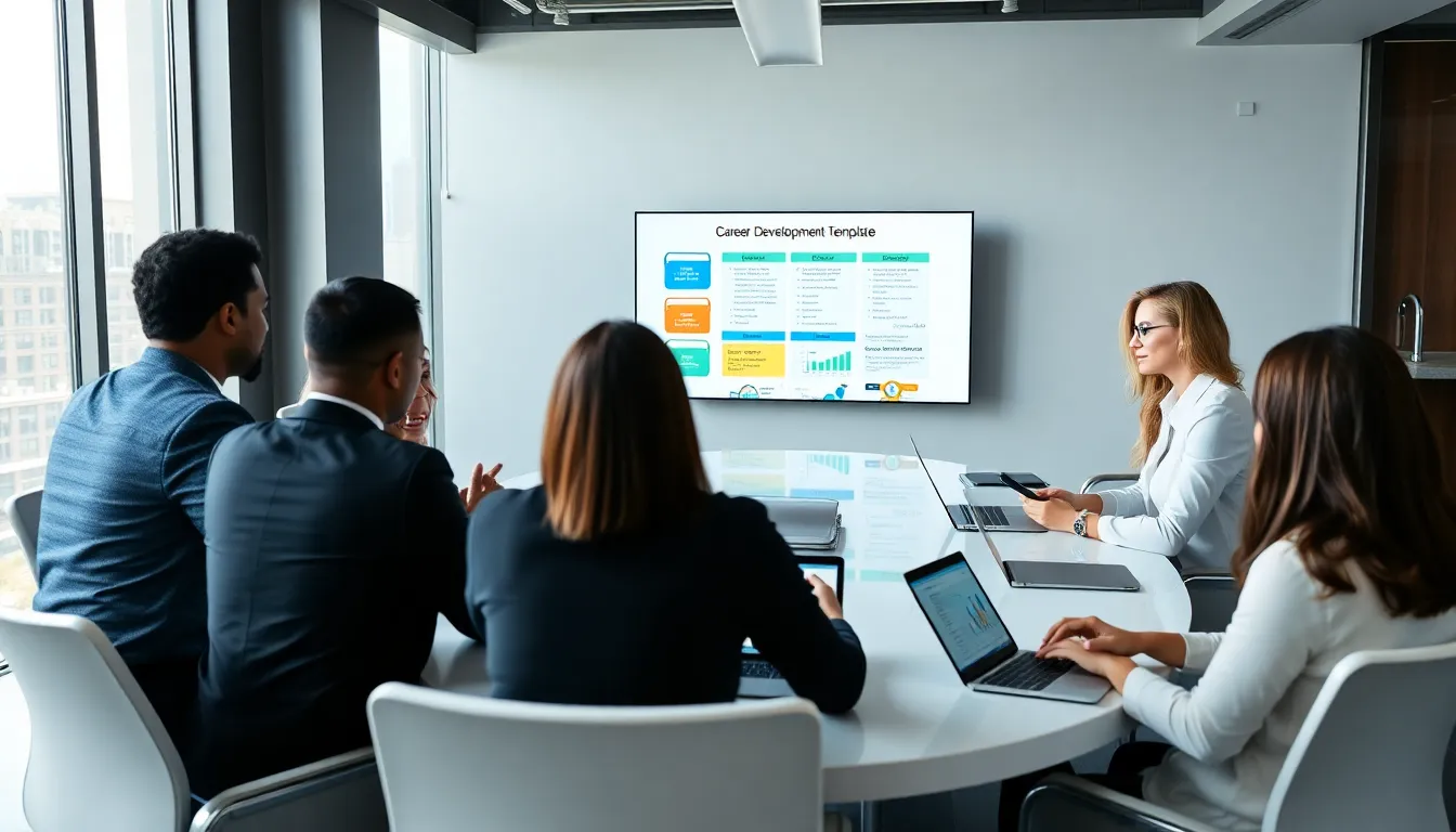 diverse team discussing career development in a modern office.