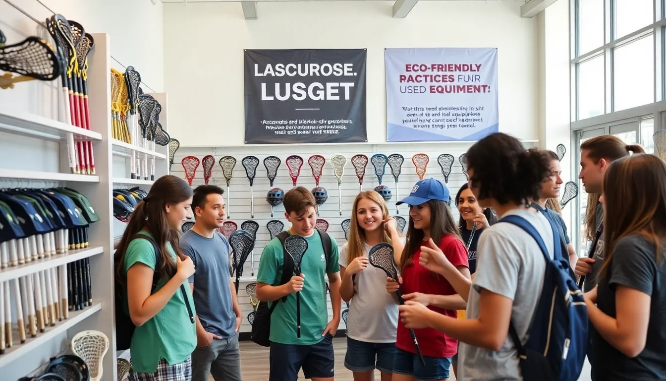 diverse group exploring used lacrosse gear in a modern sports store.