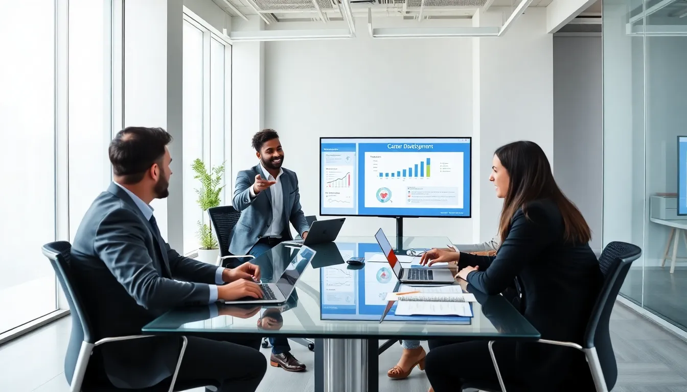 diverse professionals discussing career development in a modern office.