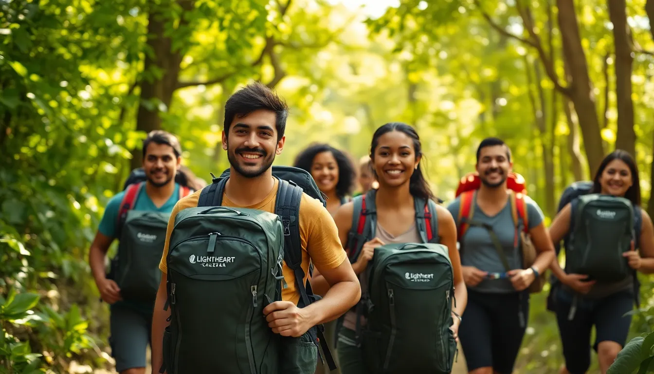 diverse hikers with Lightheart Gear in a scenic outdoor setting.