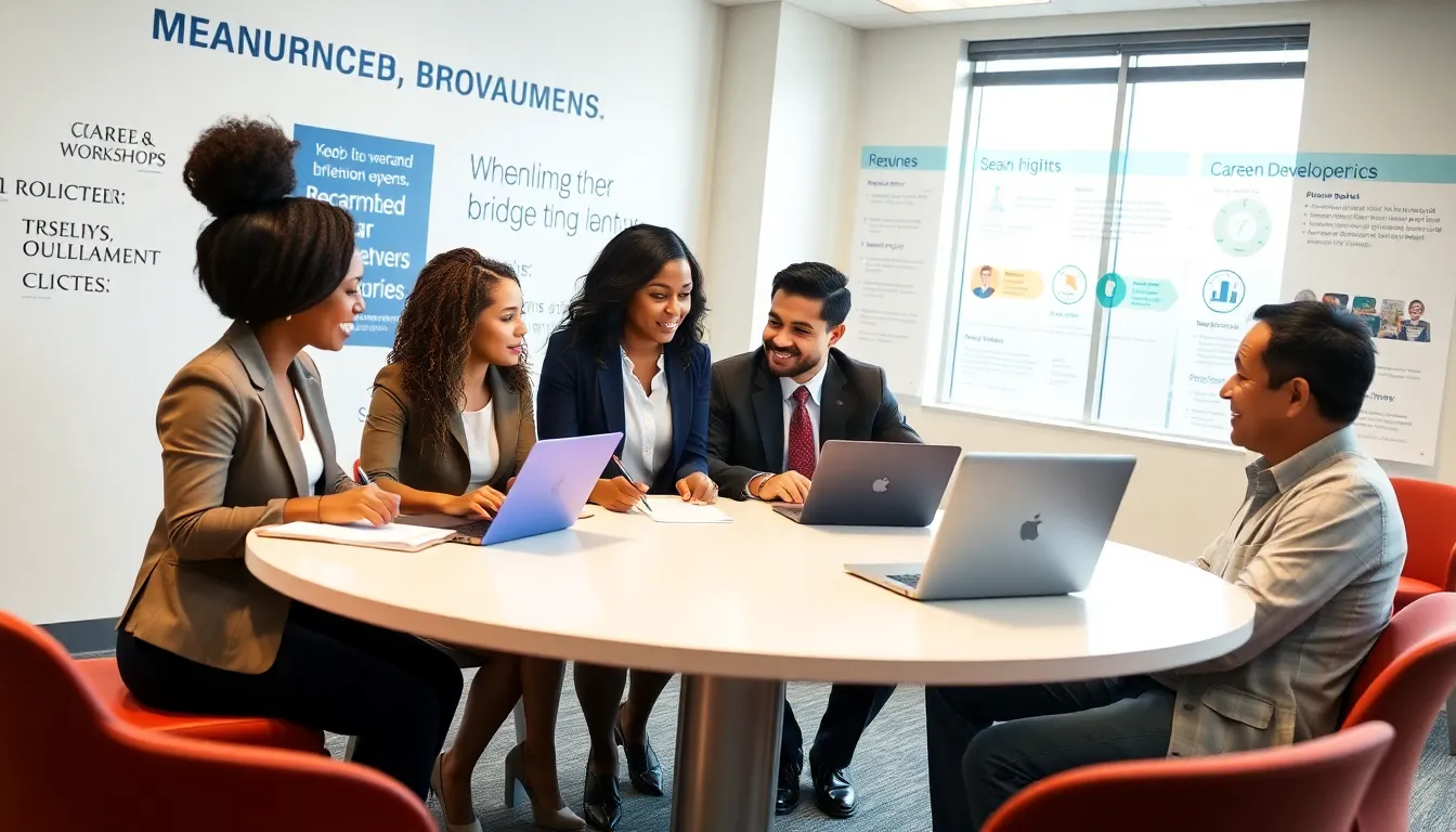 diverse professionals collaborating in a modern career development center.