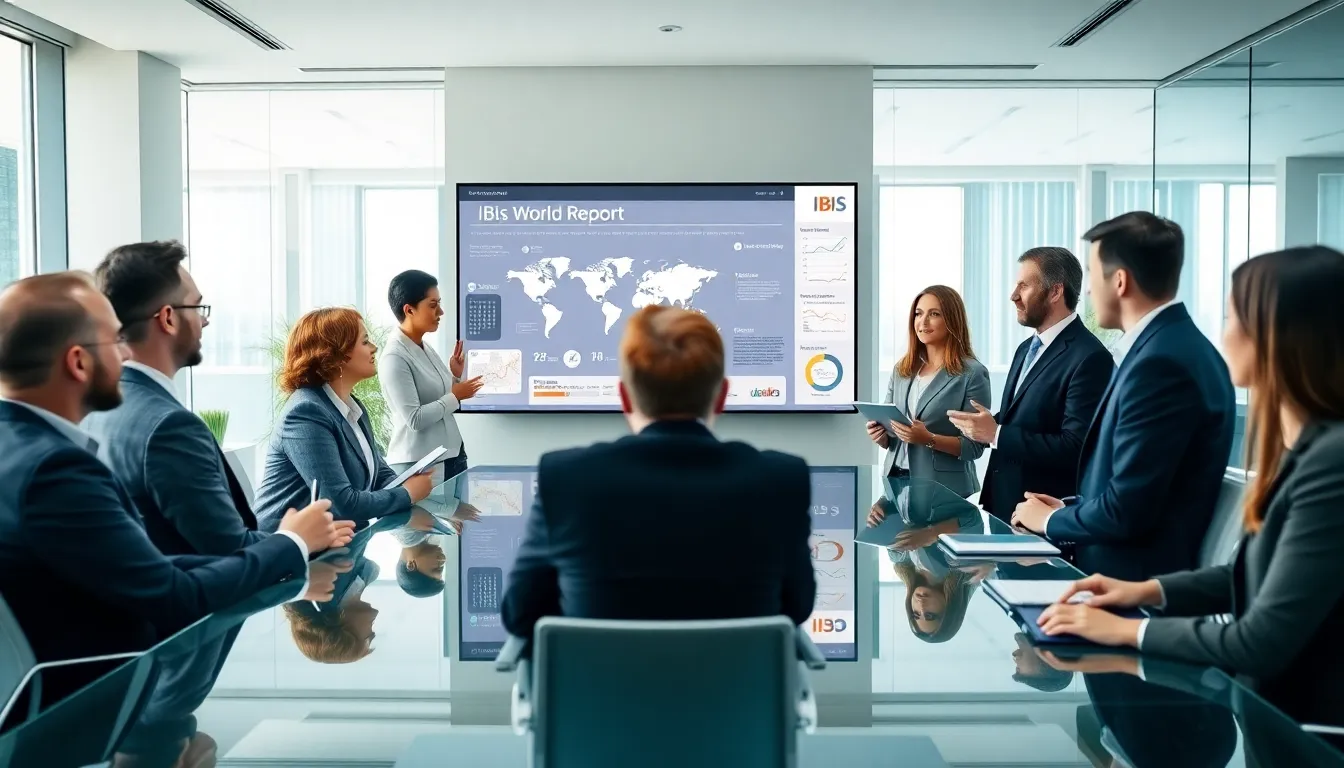professionals analyzing data in a modern conference room.