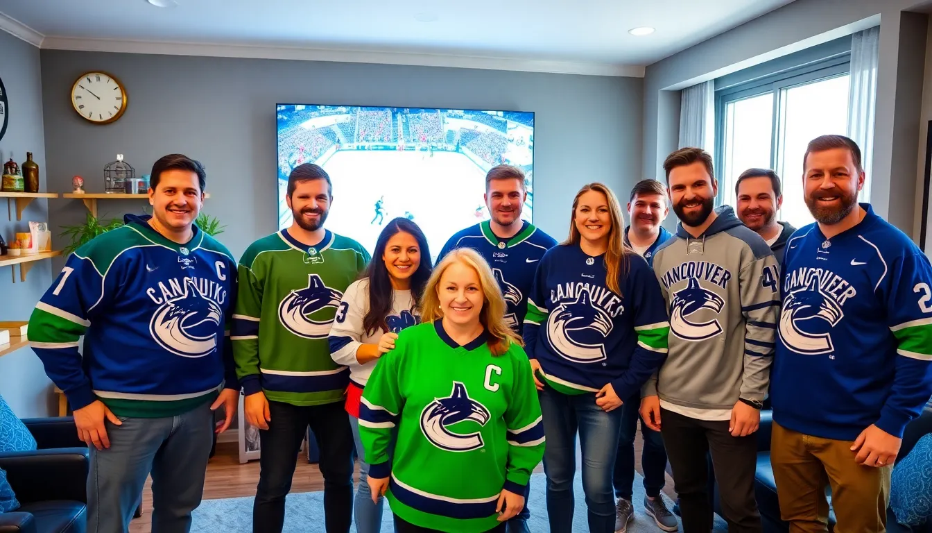 diverse fans wearing Vancouver Canucks gear in a modern living room.
