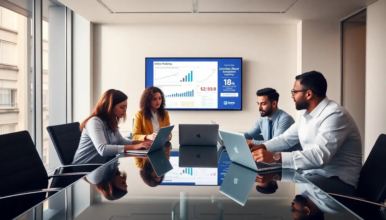 diverse professionals discussing university rankings in a modern office.