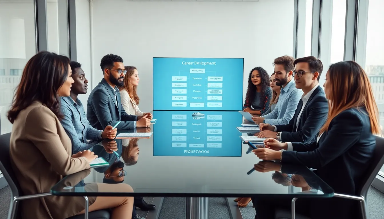 professionals collaborating on career systems in a modern office.