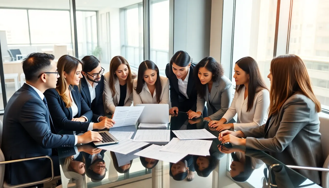 diverse professionals discussing a career development plan in a modern office.
