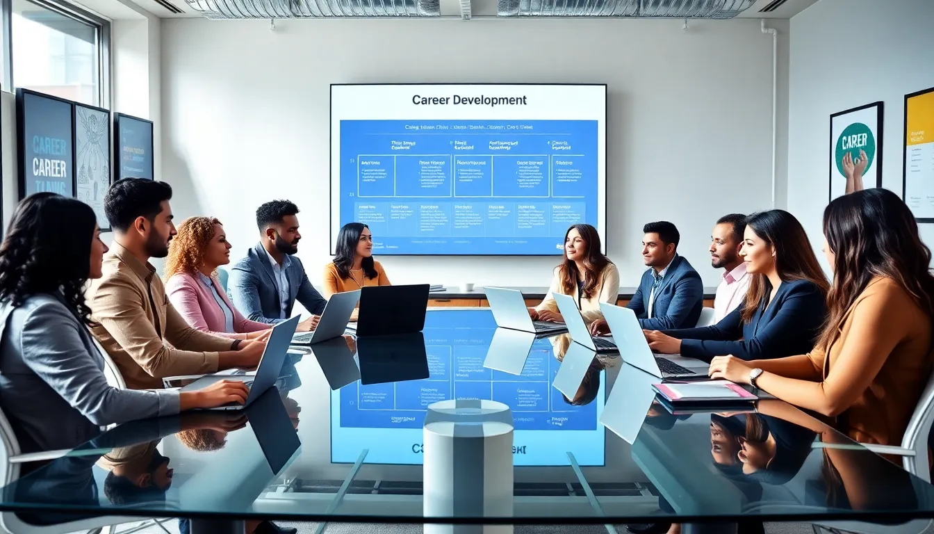 diverse professionals discussing stages of career development in a modern office.