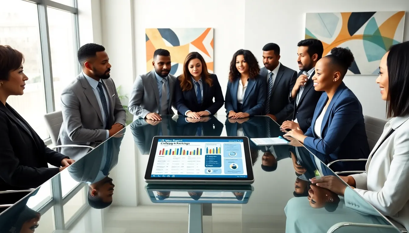 professionals discussing college rankings in a modern office setting.