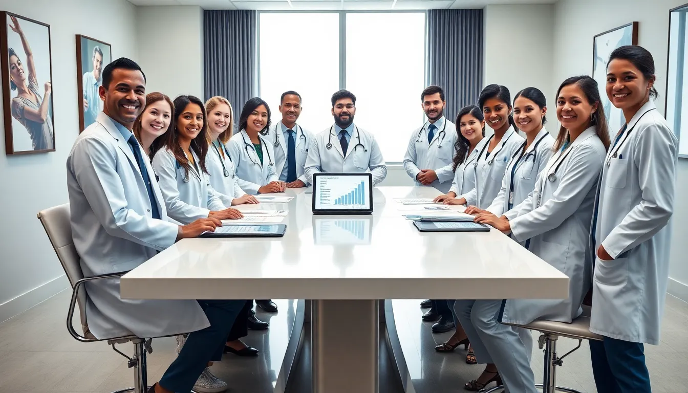 diverse healthcare team discussing hospital rankings in a modern setting.