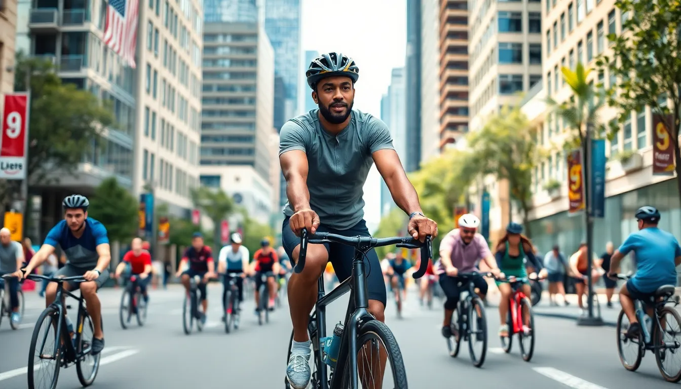 cyclist riding a single gear bike in a lively urban environment.